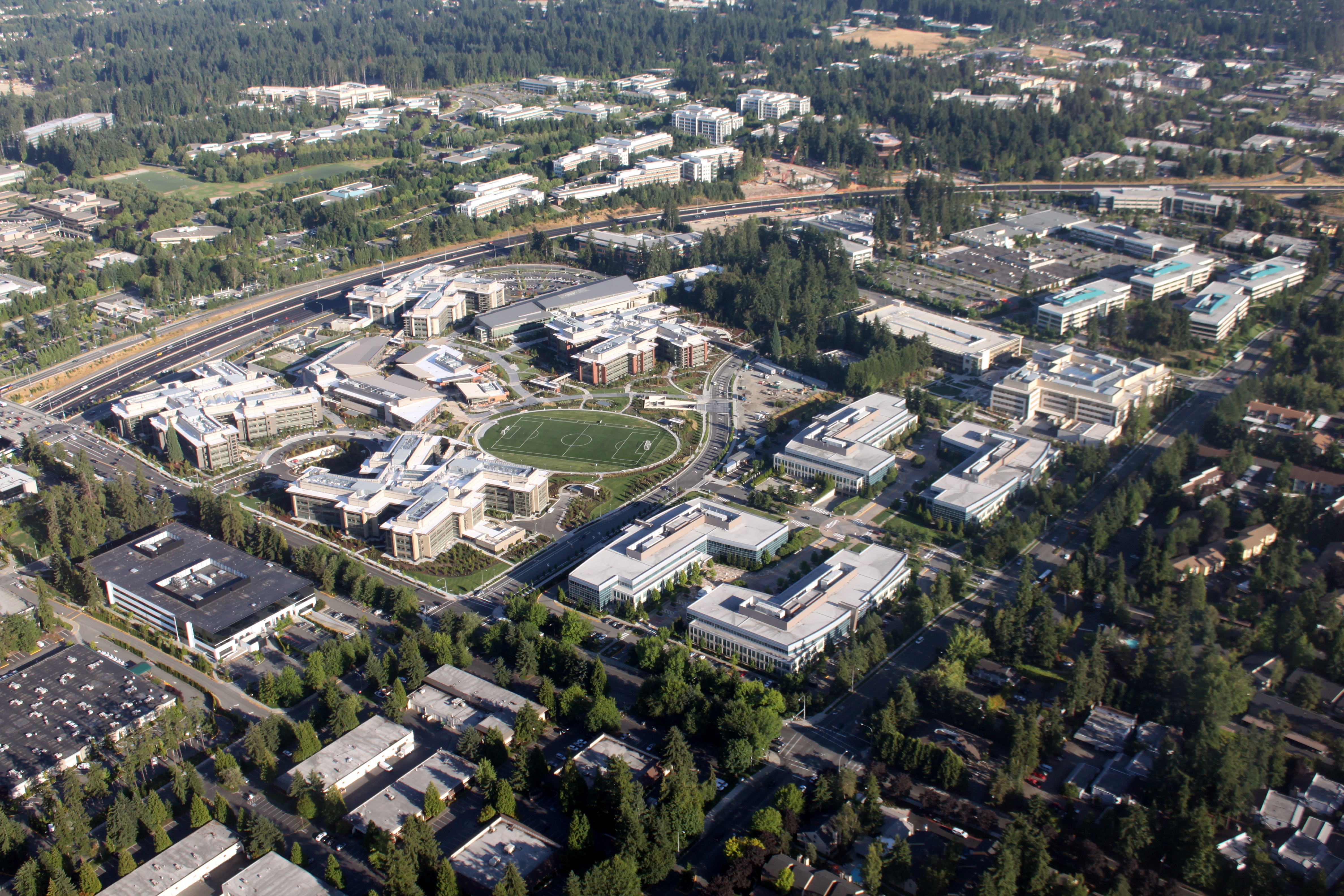 Aerial view of Microsoft's west campus in Redmond, Washington, August 2009