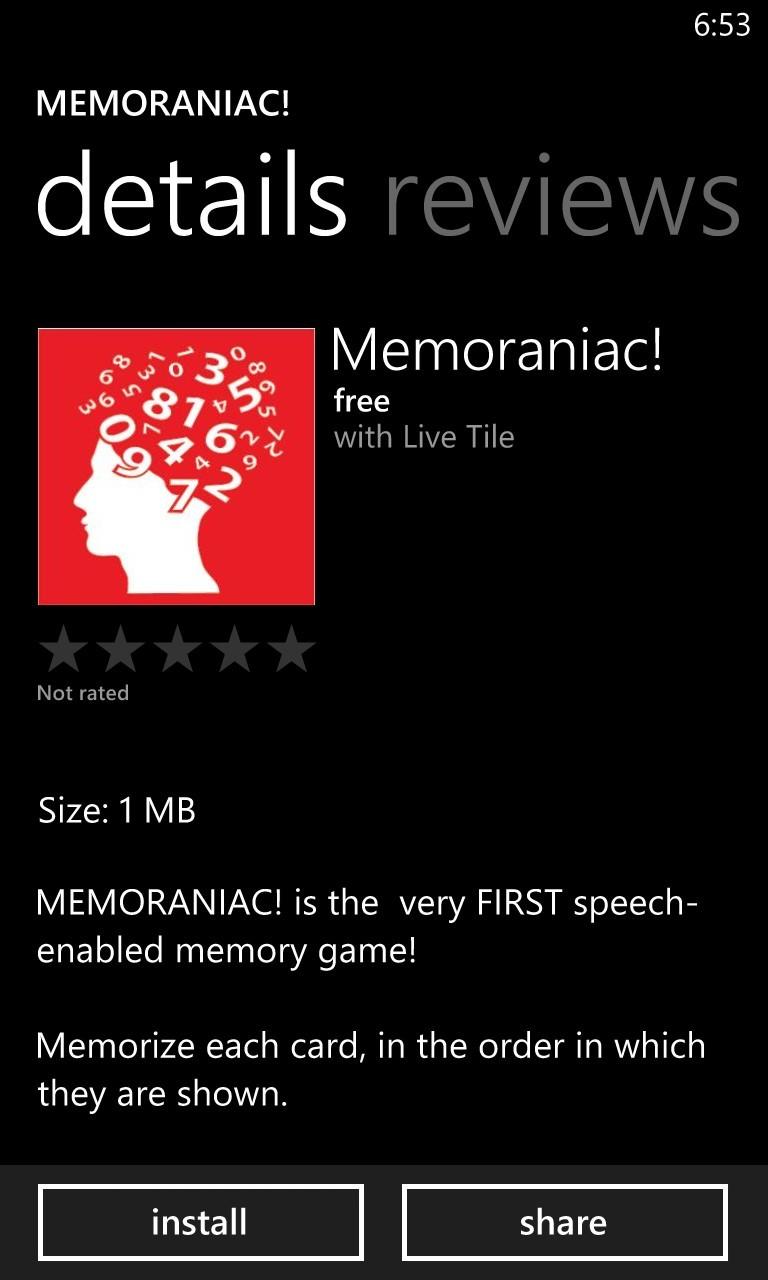 The Memoraniac! Windows Phone Store listing, and its tile on Bernardo's own Windows Phone 8 home screen