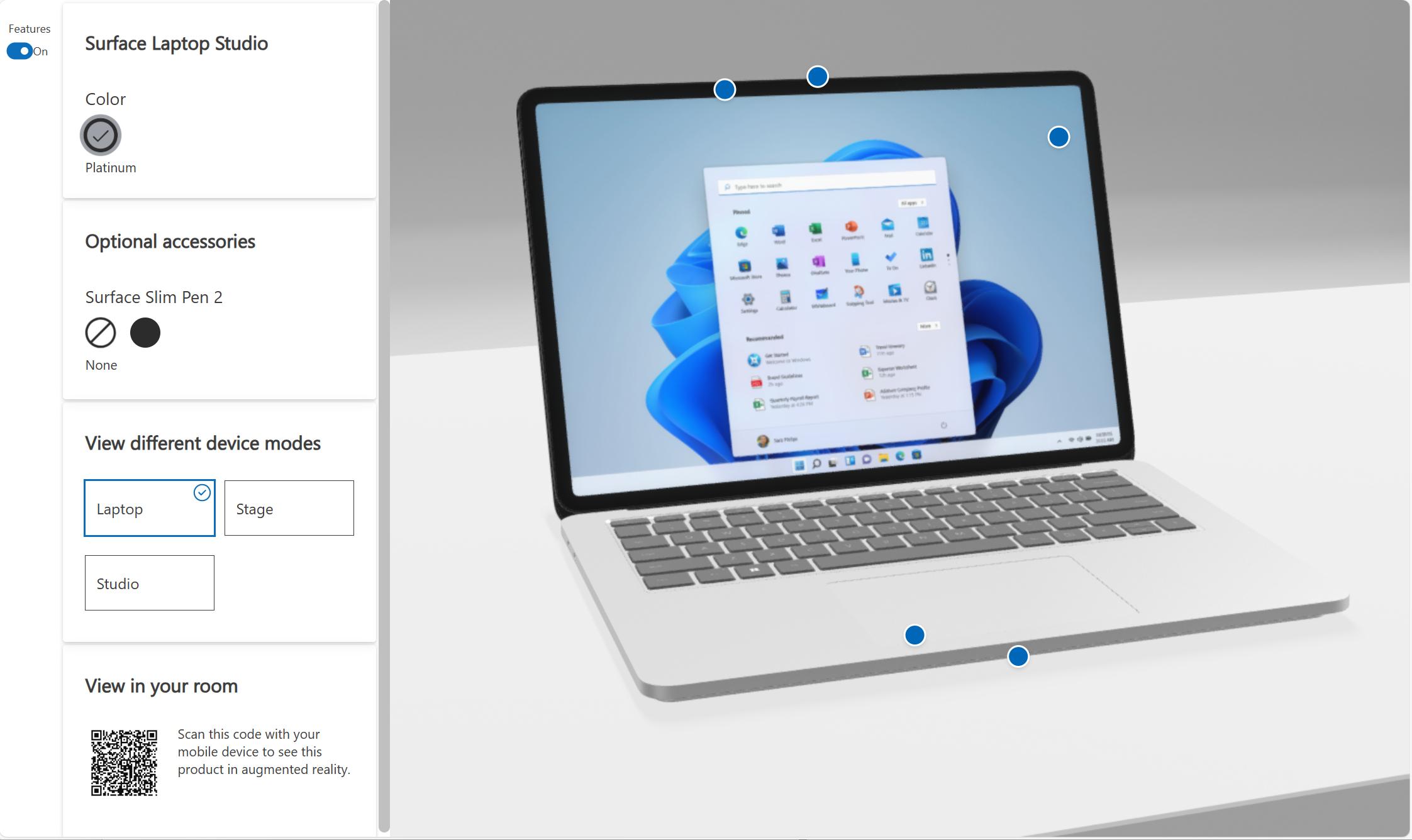 Shop in 3D - Surface Laptop Studio configurator with view-in-your-room AR mode
